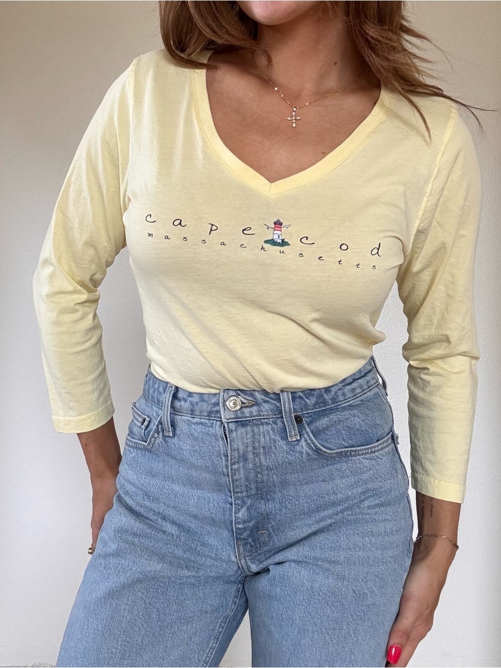 Cape Cod V-Neck Long Sleeve Tee in Pale Yellow - Picture 3 of 4